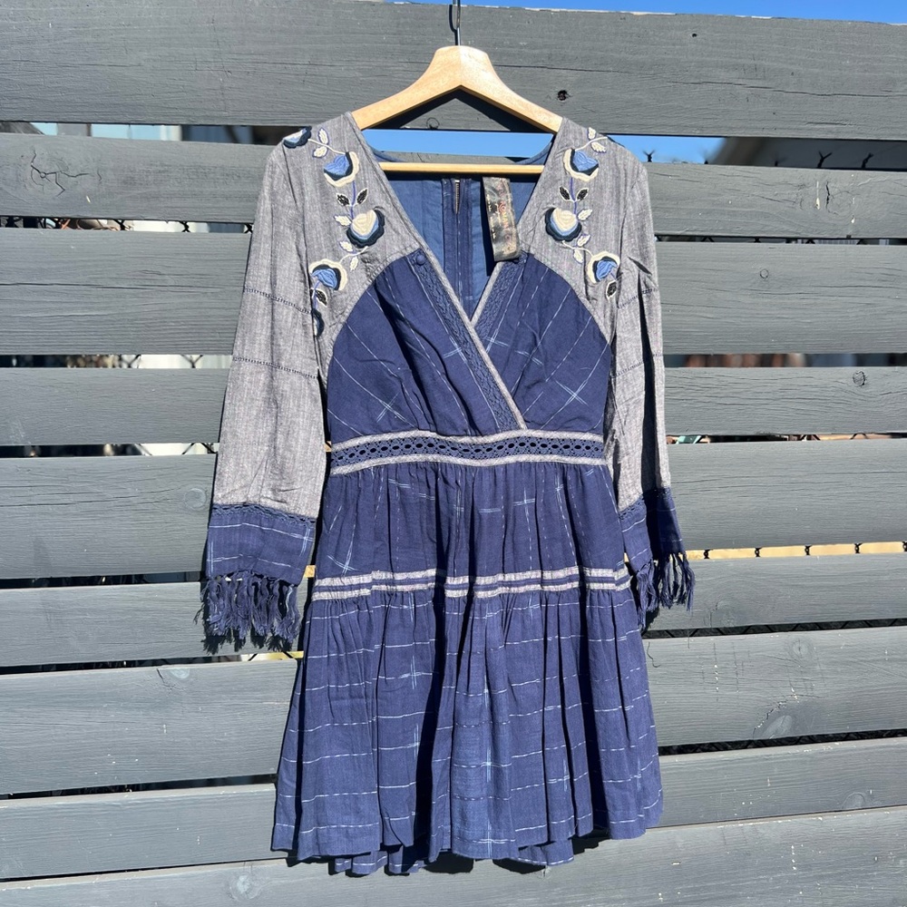 Free People New Romantics Blue Embroidered Mini Dress